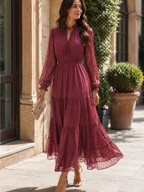 Max Studio Burgundy Long-Sleeve Tiered Maxi Dress